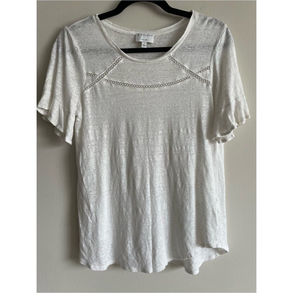 Witchery t-shirt white top flutter sleeves embroidered 100% linen boho cottage S